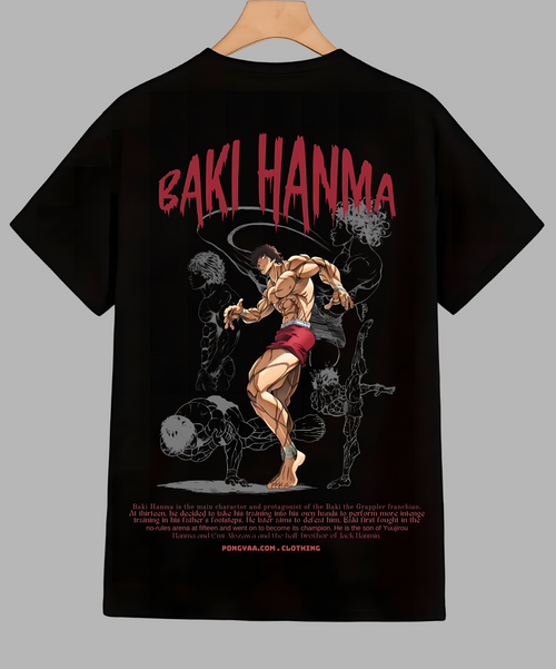 Baki Hanma Anime T-Shirt featuring bold graphics and character design on a black graphic streetwear tee.