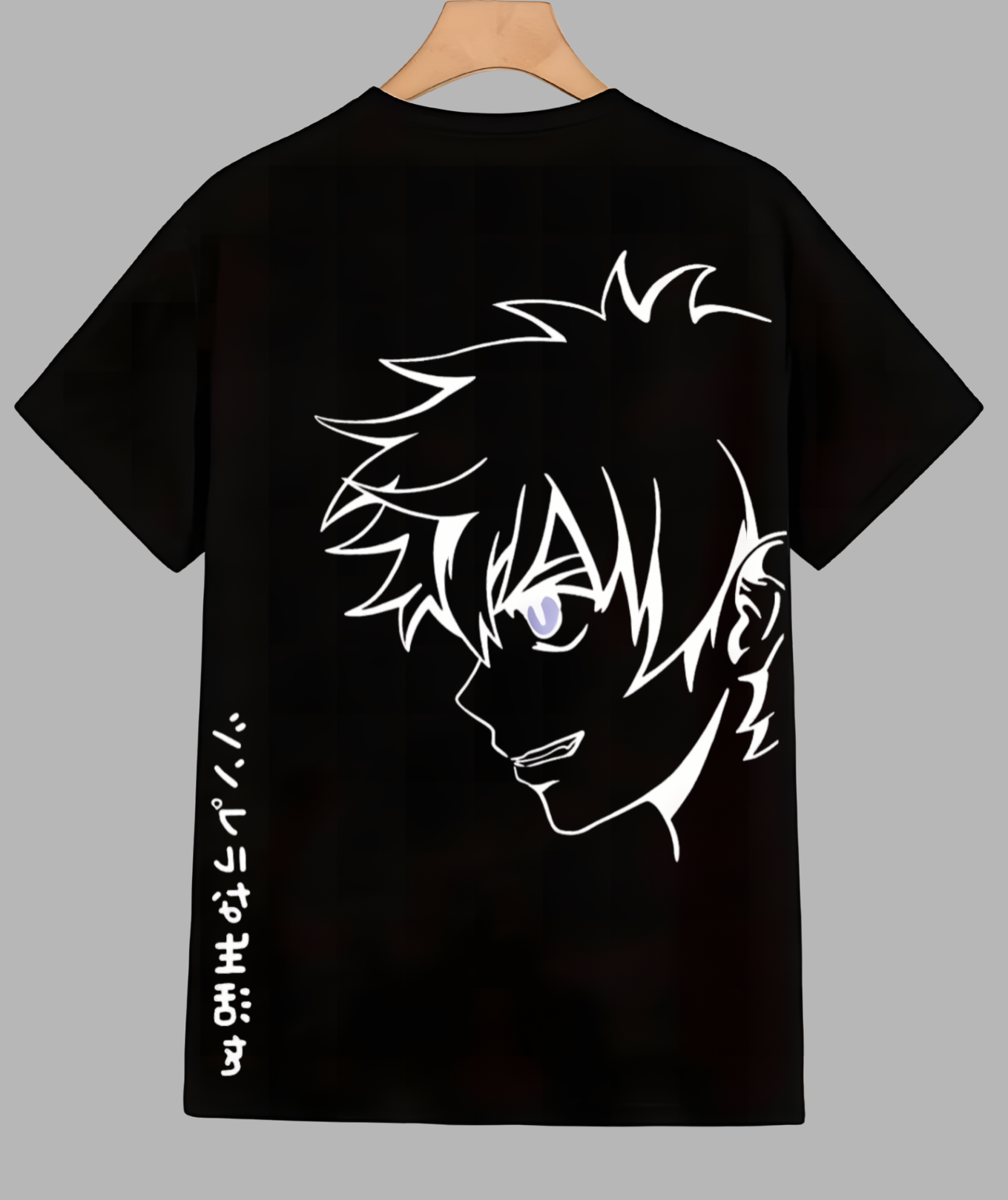  Anime Outline Graphic T-Shirt,Black t-shirt with white text on a gray background