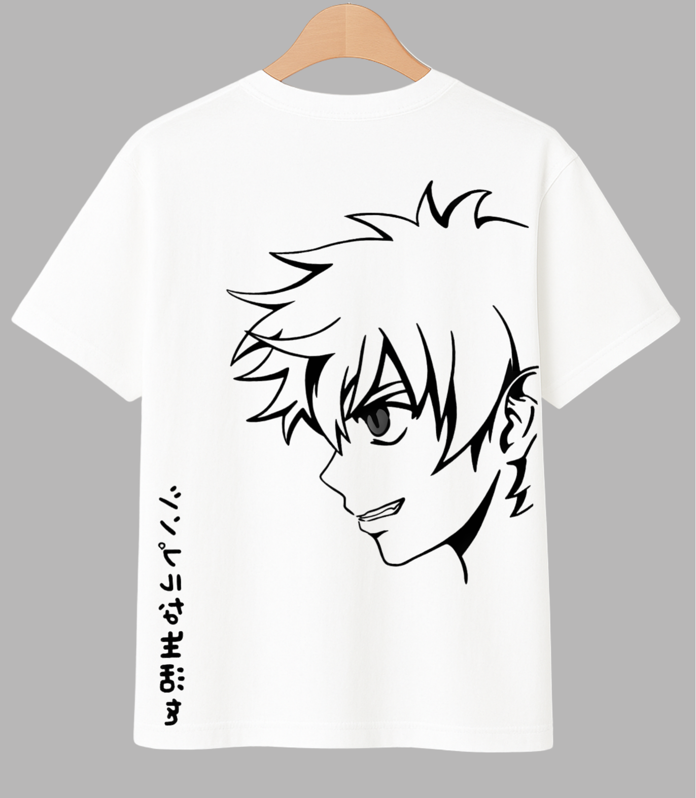  Anime Outline Graphic T-Shirt,White t-shirt with black anime character design and text on a gray background