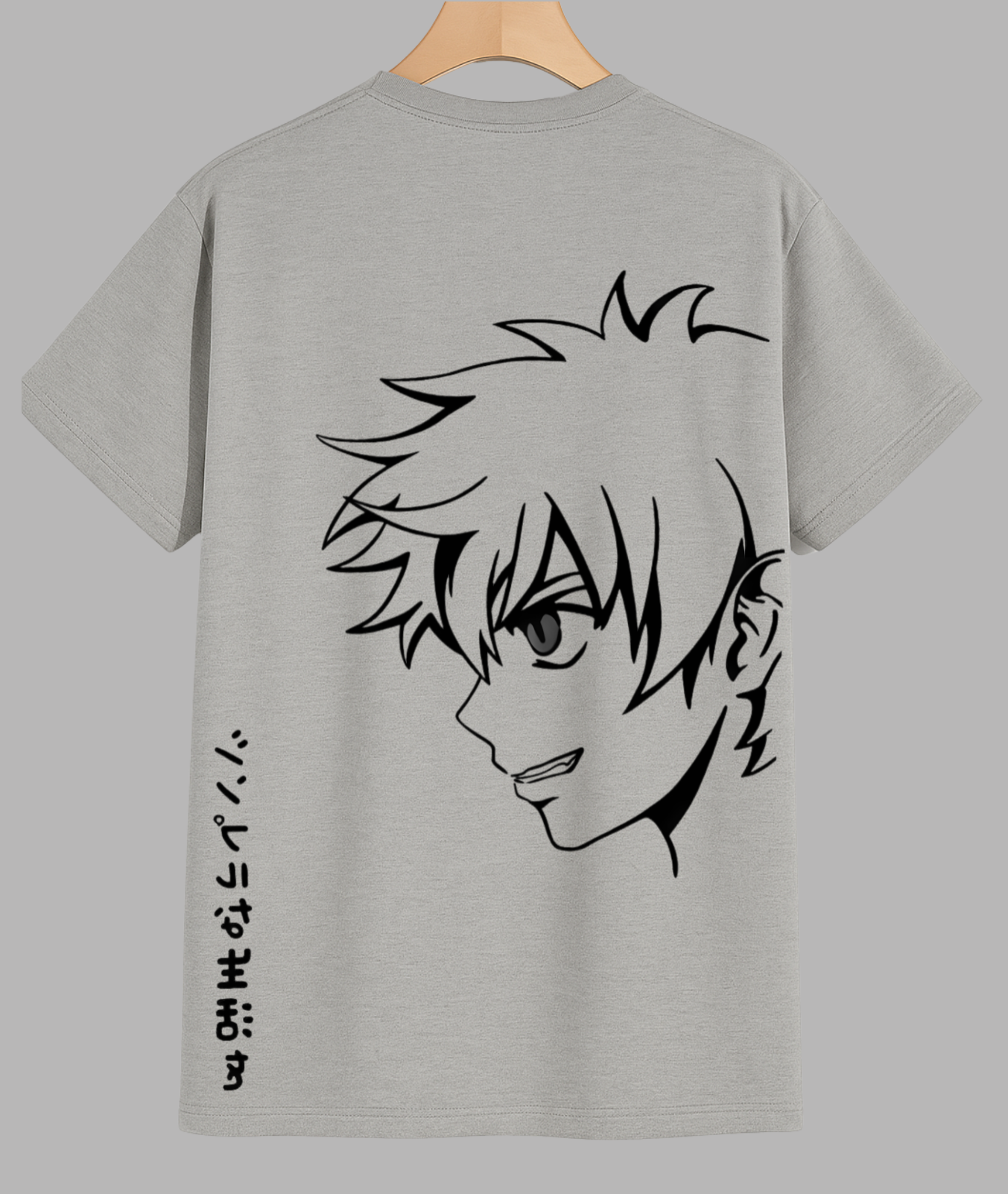  Anime Outline Graphic T-Shirt,Gray t-shirt with anime character design and text on a gray background