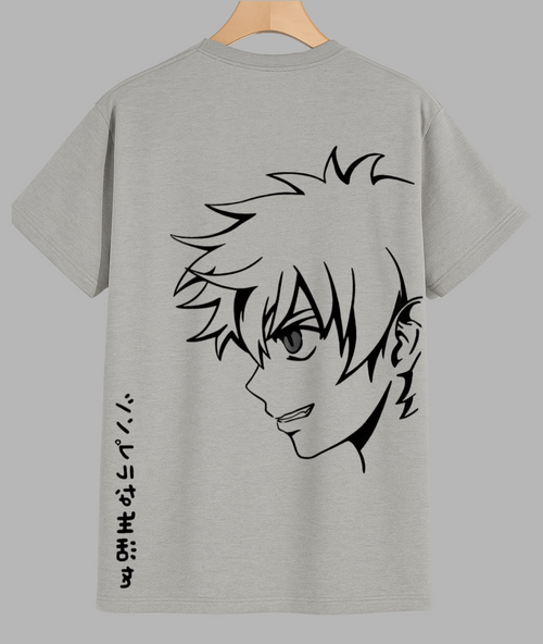 Anime Outline Graphic T-Shirt,Gray t-shirt with anime character design and text on a gray background