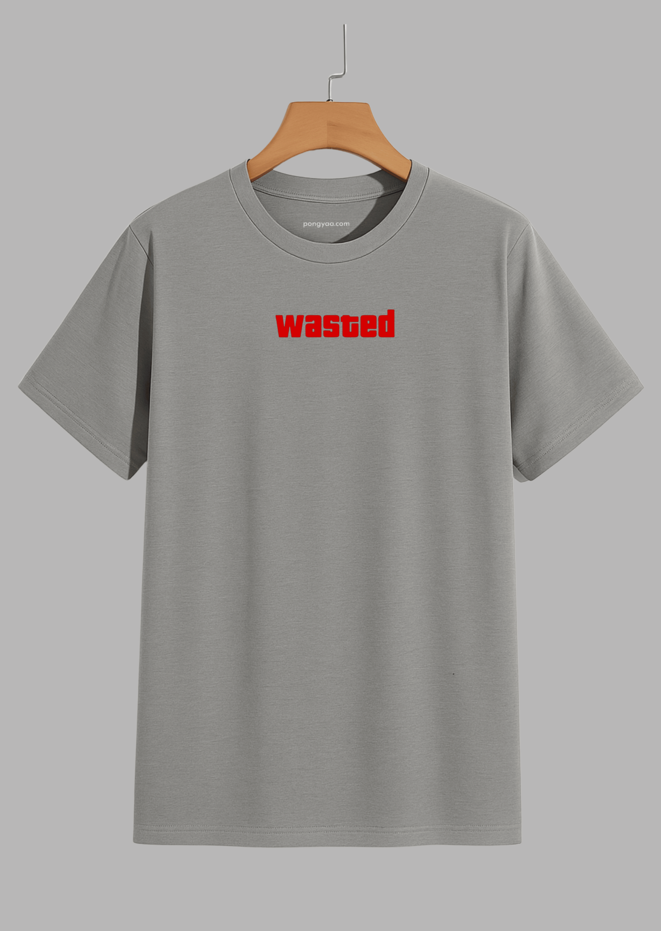 Gray t-shirt with 'Wanted' text on front and 'Grand Theft Auto' graphic on back, on a gray background.