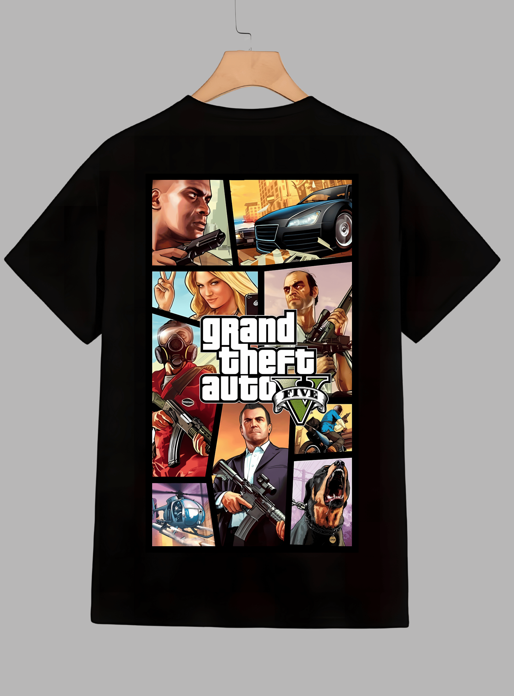 Black t-shirt with 'Wasted' on the front and 'Grand Theft Auto' graphics on the back, displayed on hangers against a gray background.