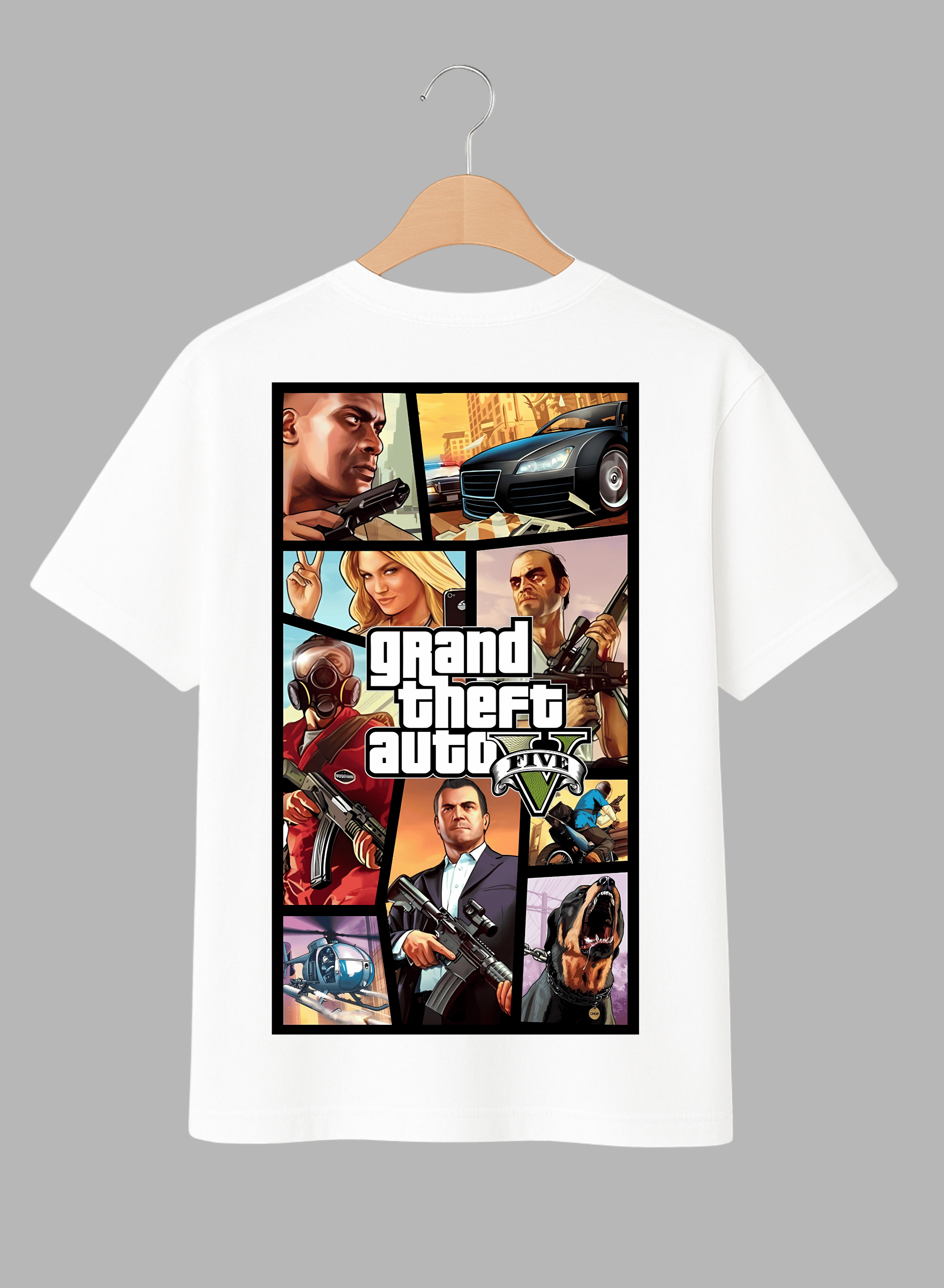 White t-shirt with 'Wasted' graphic on one side and 'Grand Theft Auto V' collage on the other, displayed on hangers against a gray background.