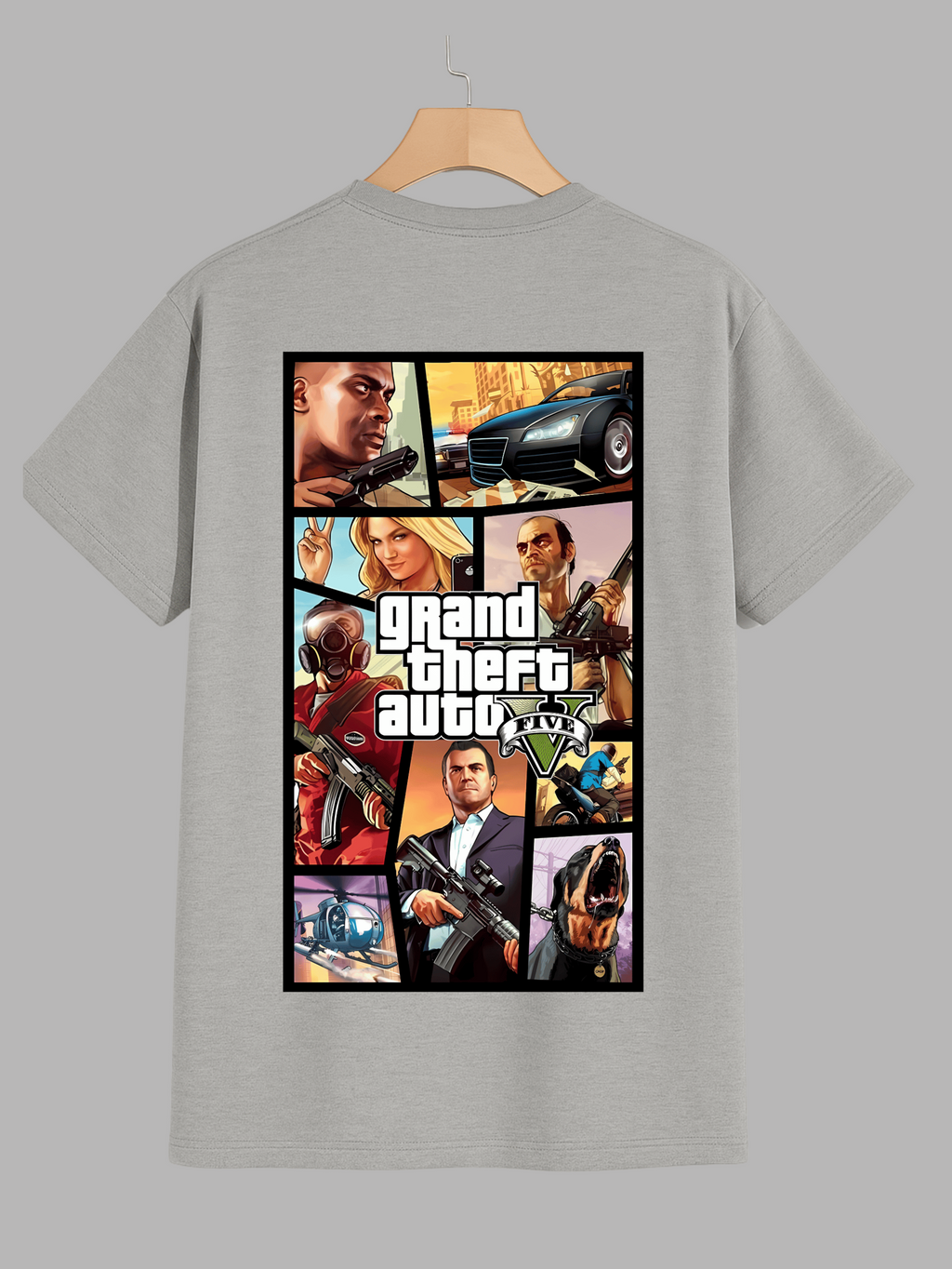 Gray t-shirt with 'Wanted' text on front and 'Grand Theft Auto' graphic on back, on a gray background.