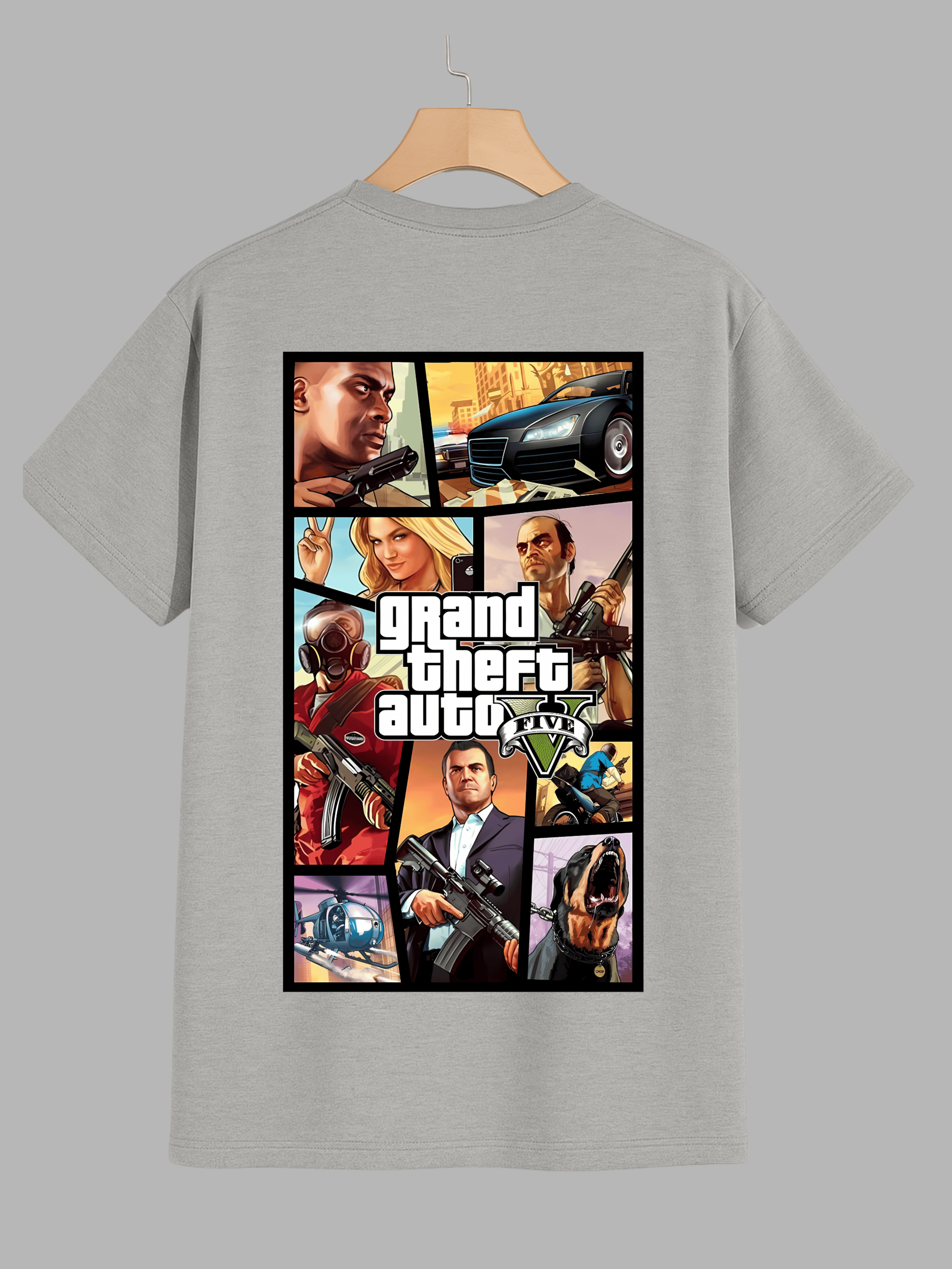 Gray t-shirt with 'Wanted' text on front and 'Grand Theft Auto' graphic on back, on a gray background.